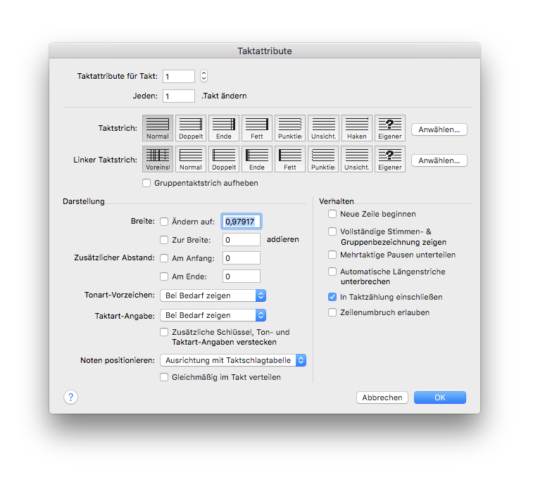 Dialogbox Taktattribute